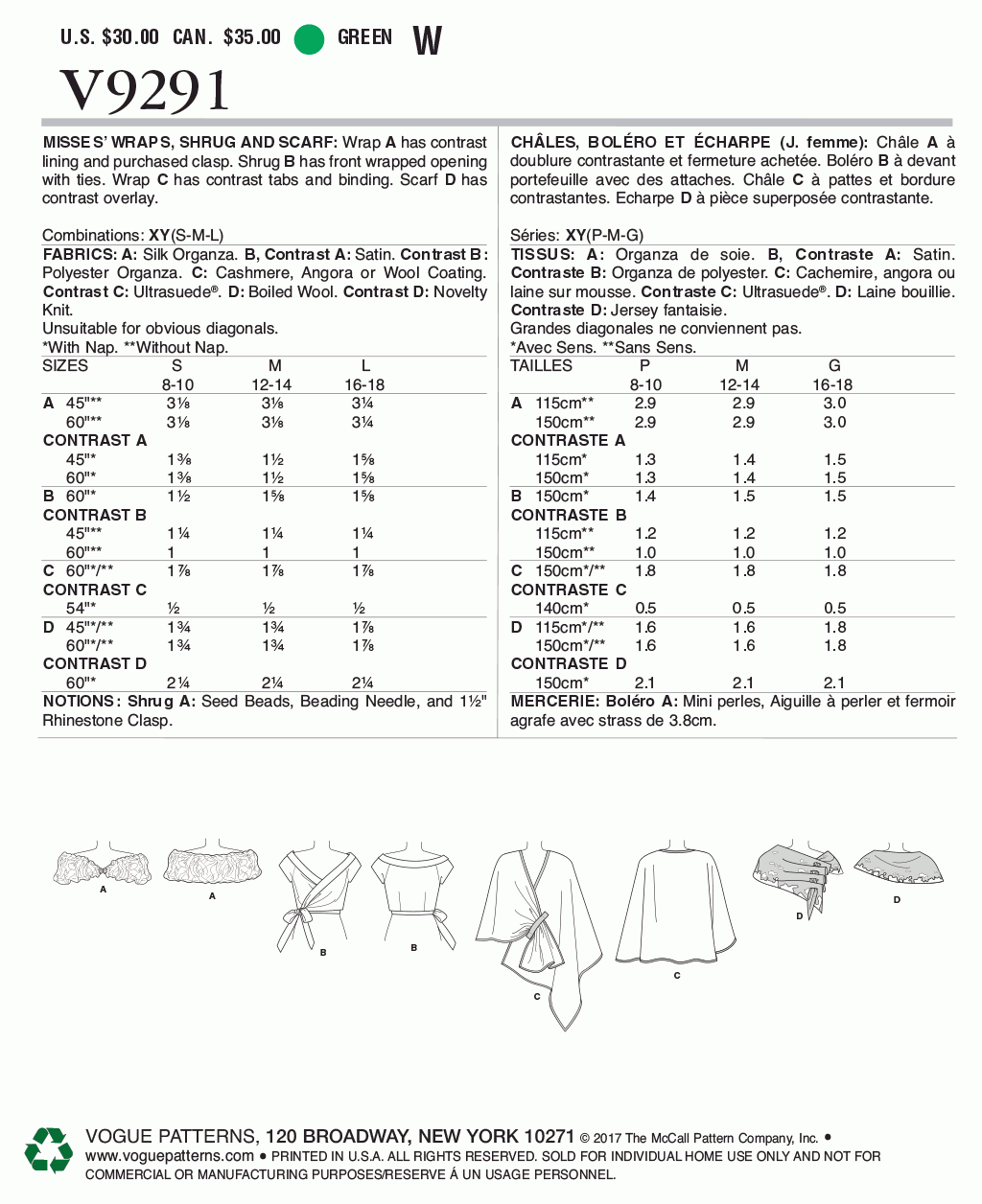 Vogue Pattern V9291 XY (SML-MED-LRG)