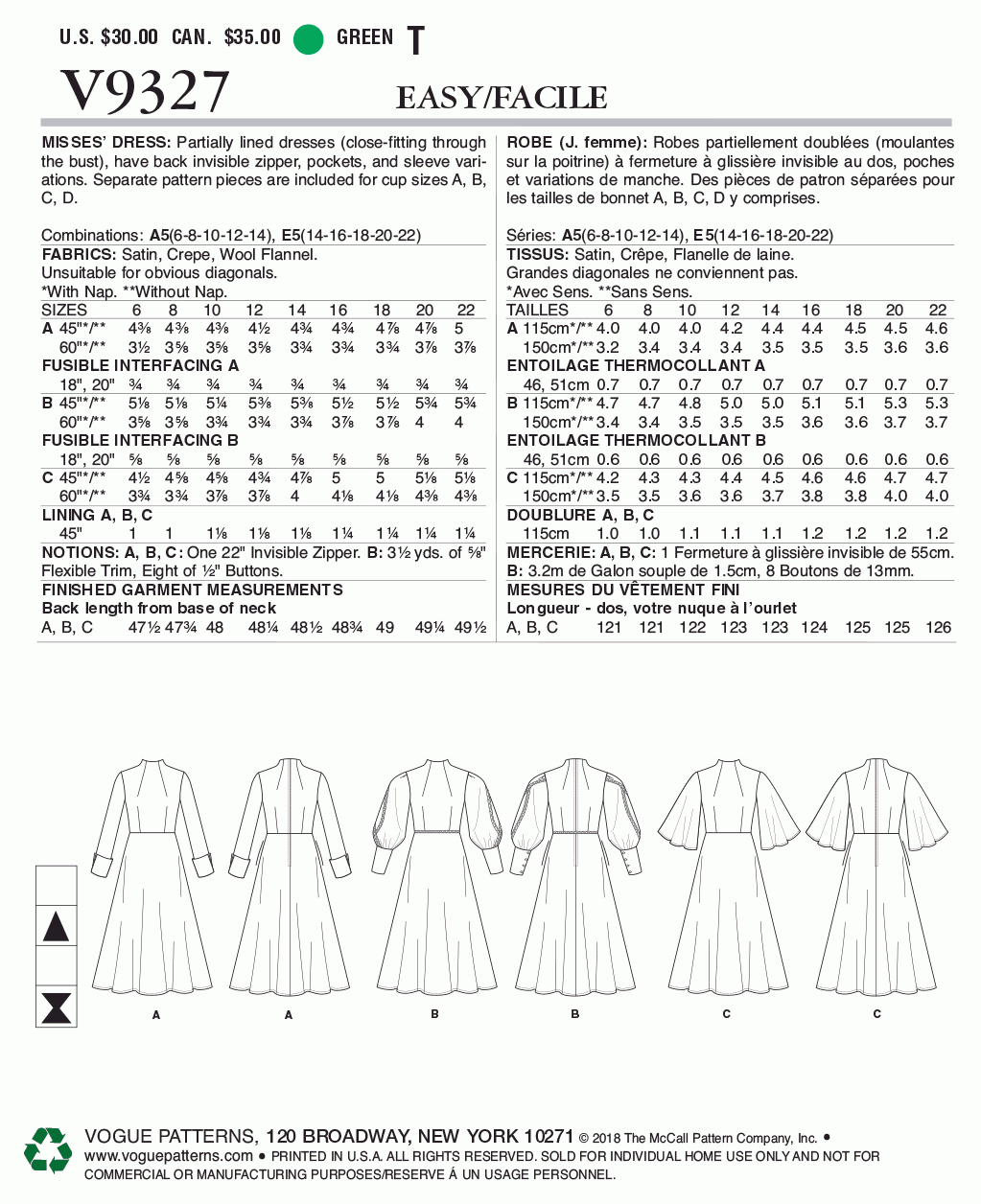 Vogue Pattern V9327 A5 (6-8-10-12-14)