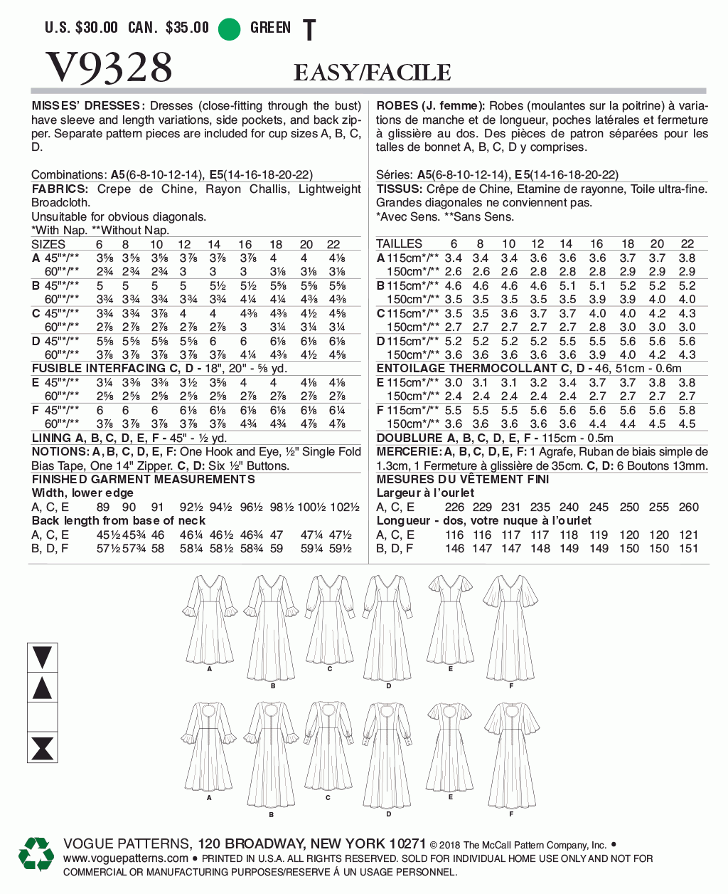 Vogue Pattern V9328 A5 (6-8-10-12-14)