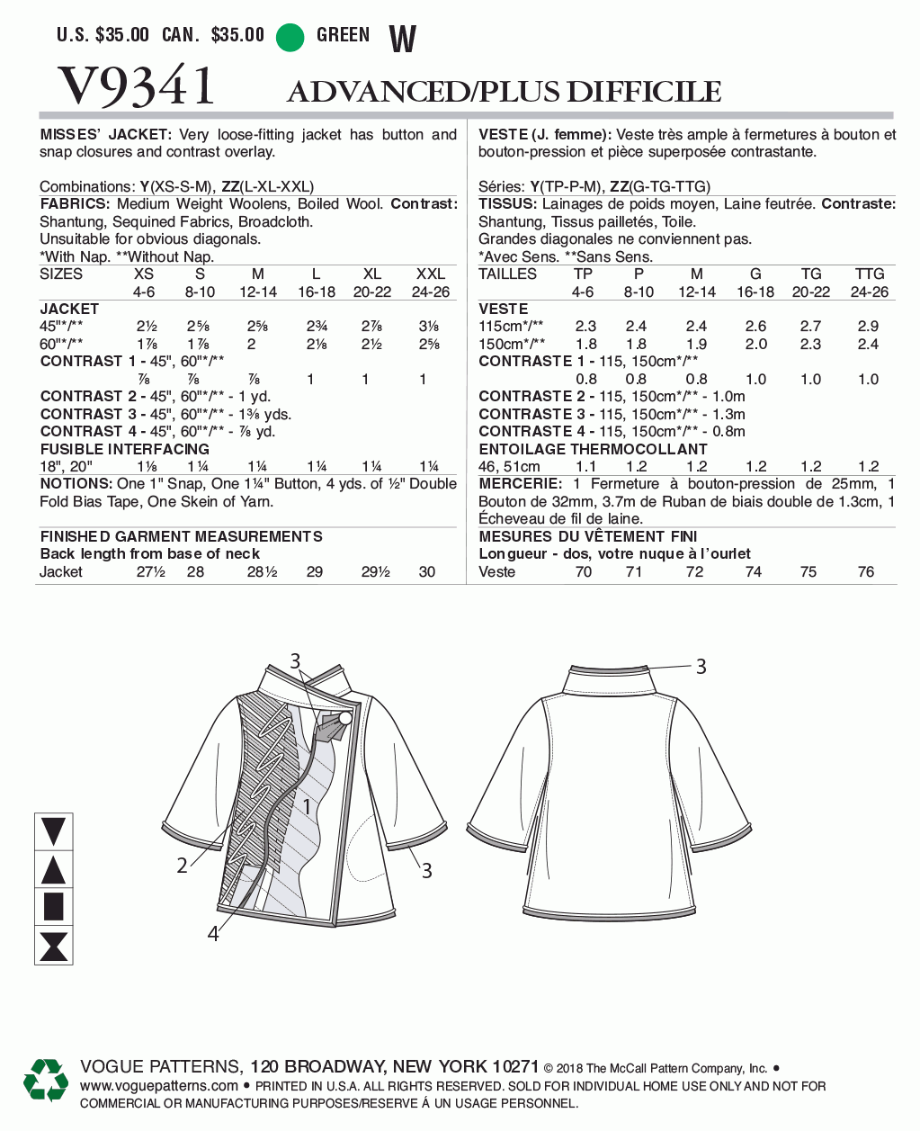 Vogue Pattern V9341 Y (XSM-SML-MED)