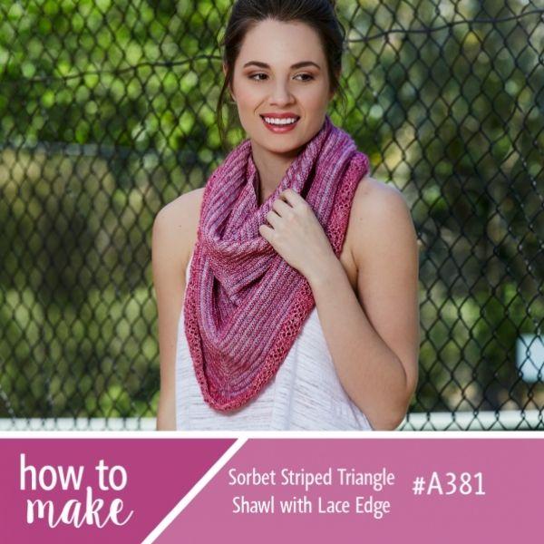 A381 Sorbet Striped Triangle Shawl with Lace Edge
