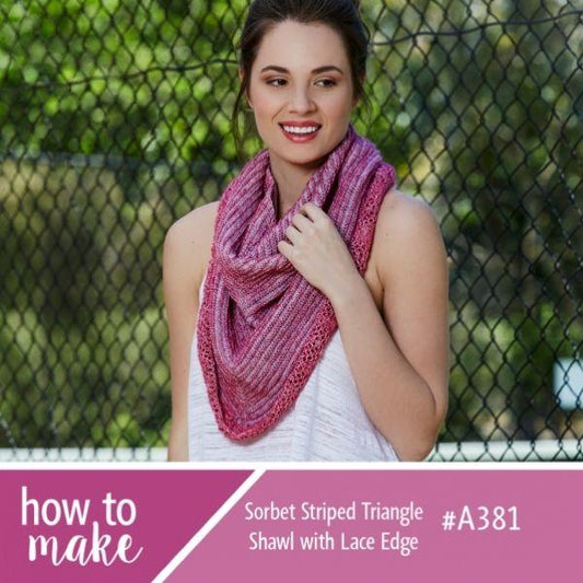 A381 Sorbet Striped Triangle Shawl with Lace Edge
