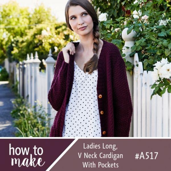 A517 Ladies Long, V Neck Cardigan With Pockets