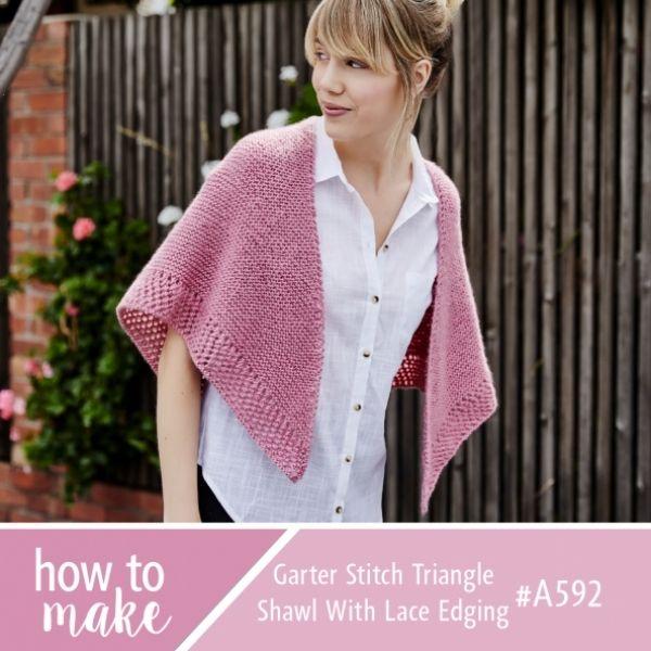 A592 Garter Stitch Triangle Shawl With Lace Edging