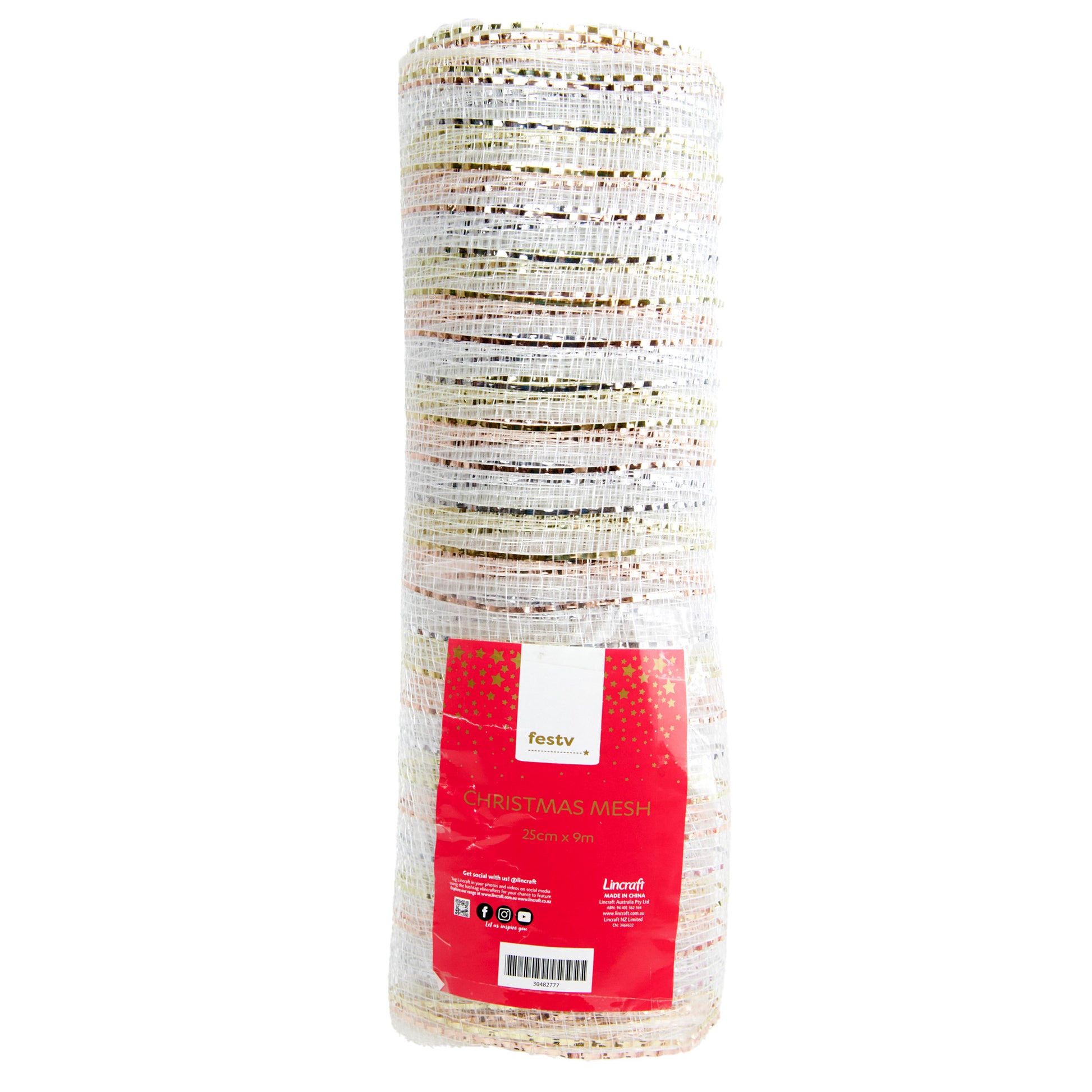 Christmas Polymesh Wrap, Gold/Silver/Red- 25cmx9m