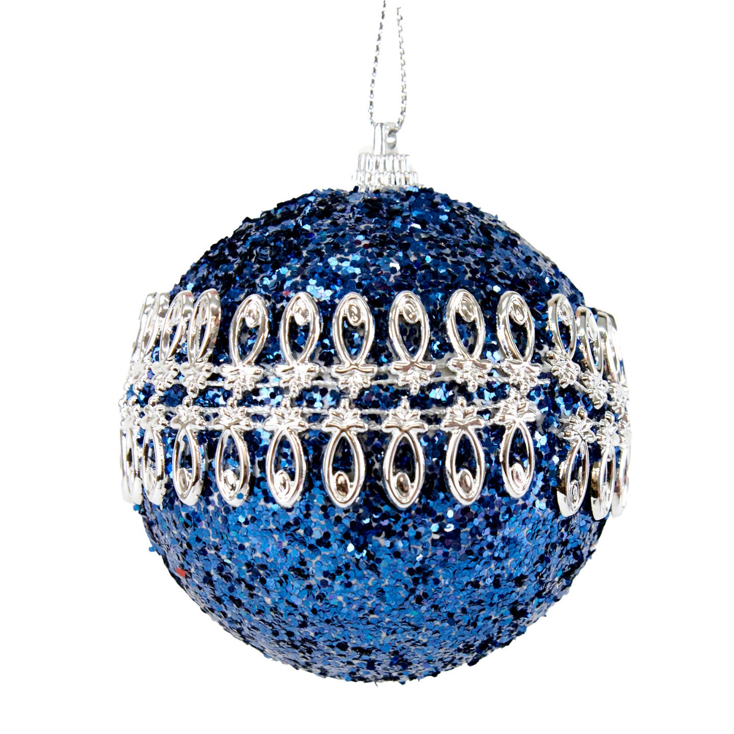 Bauble Hanging Ornament, Dark Blue/Silver Trims- 8cm
