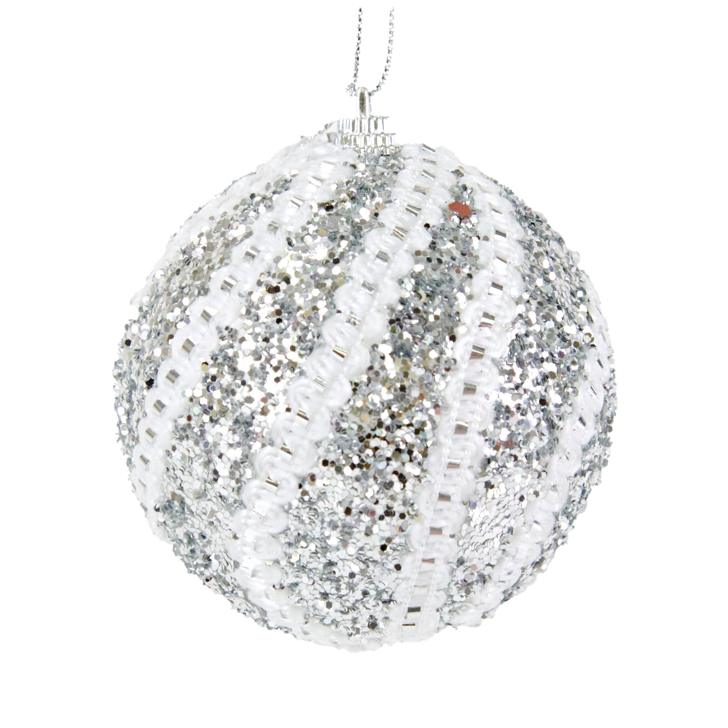 Bauble Hanging Ornament, Silver/White Trim Accent- 8cm
