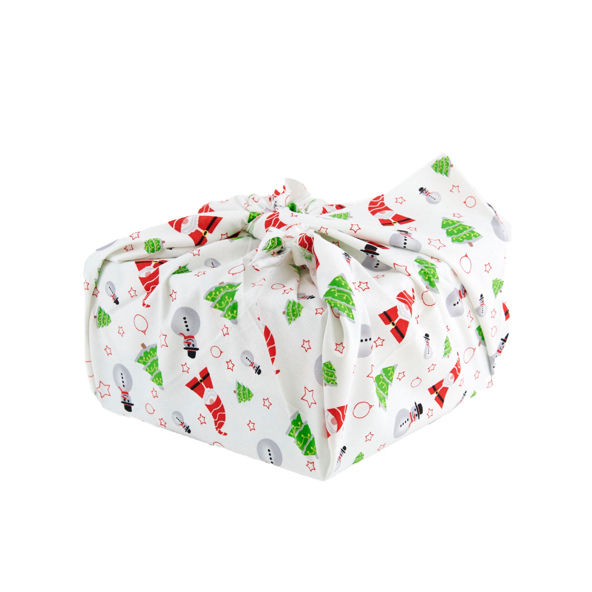 Christmas Print Cotton Fabric Reusable Gift Wrap, White Santa & Trees- 55cmx70cm