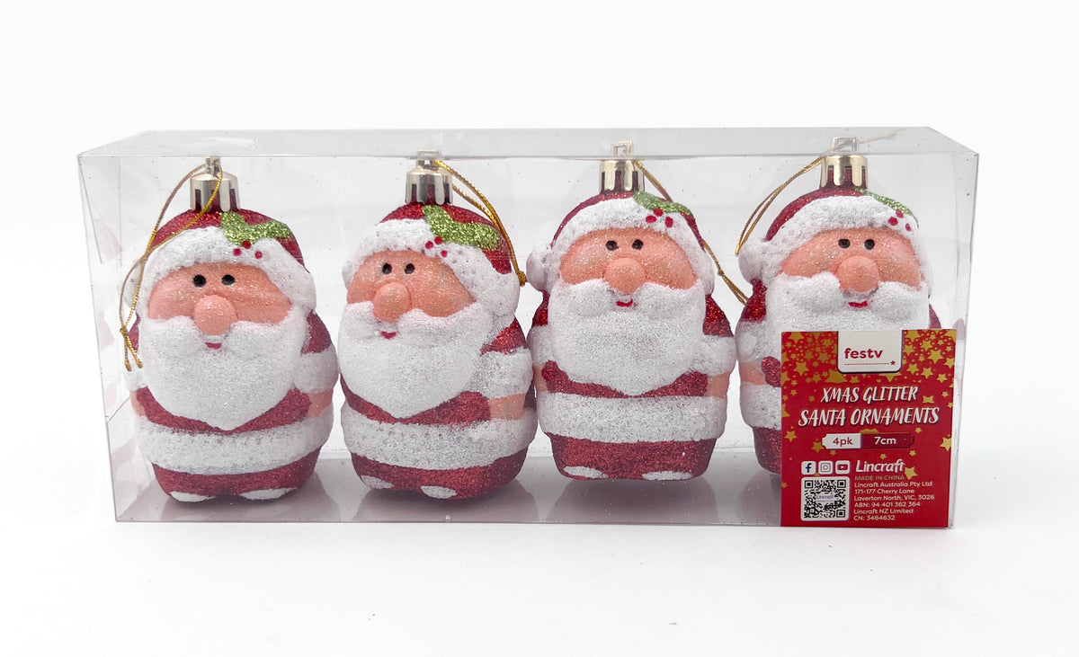 Christmas Glitter Santa Ornaments- 4pk