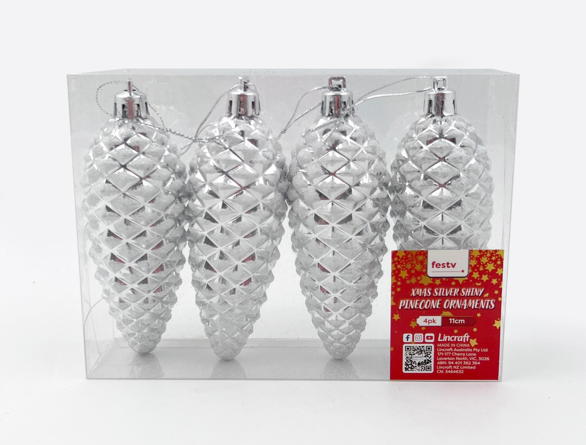 Christmas Silver Shiny Pinecone Ornament- 4pk