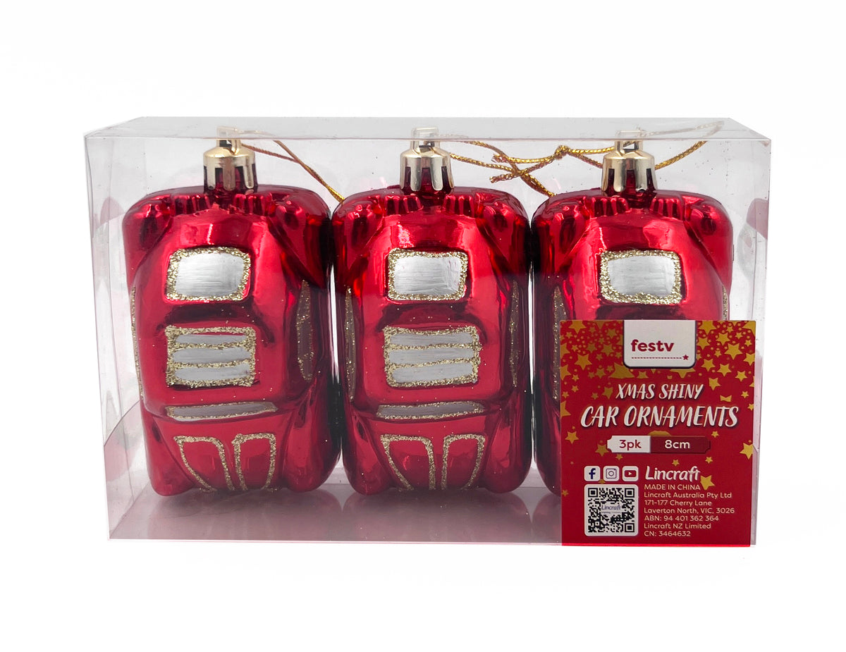 Christmas Ornaments, 8cm Shiny Car- 3pk