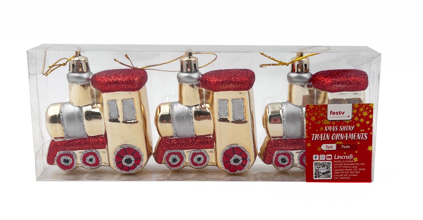 Christmas Ornament, Shiny Train- 3pk