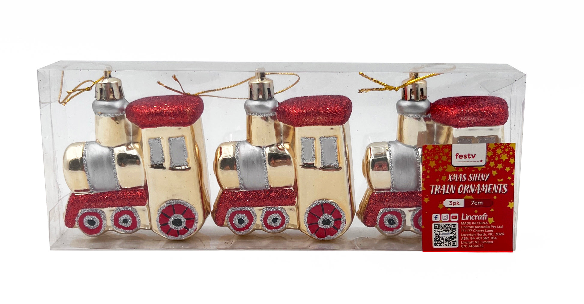 Christmas Ornament, Shiny Train- 3pk