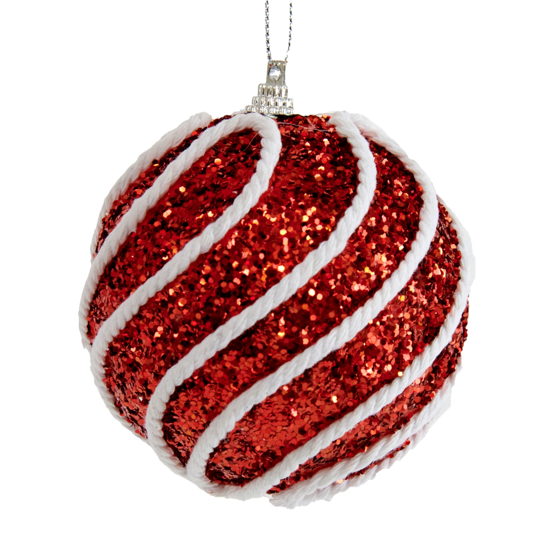 Christmas Ball Red, White Cord Swirl on Sequin - 8cm