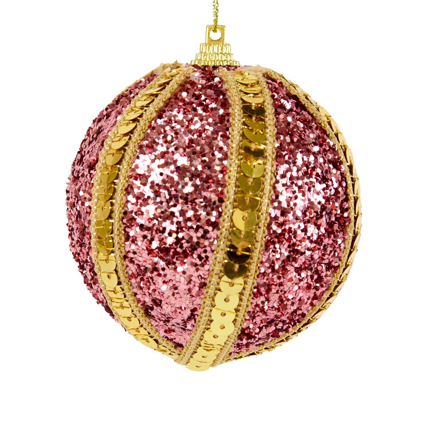 Christmas Ball Pink, Gold Sequin String- 8cm