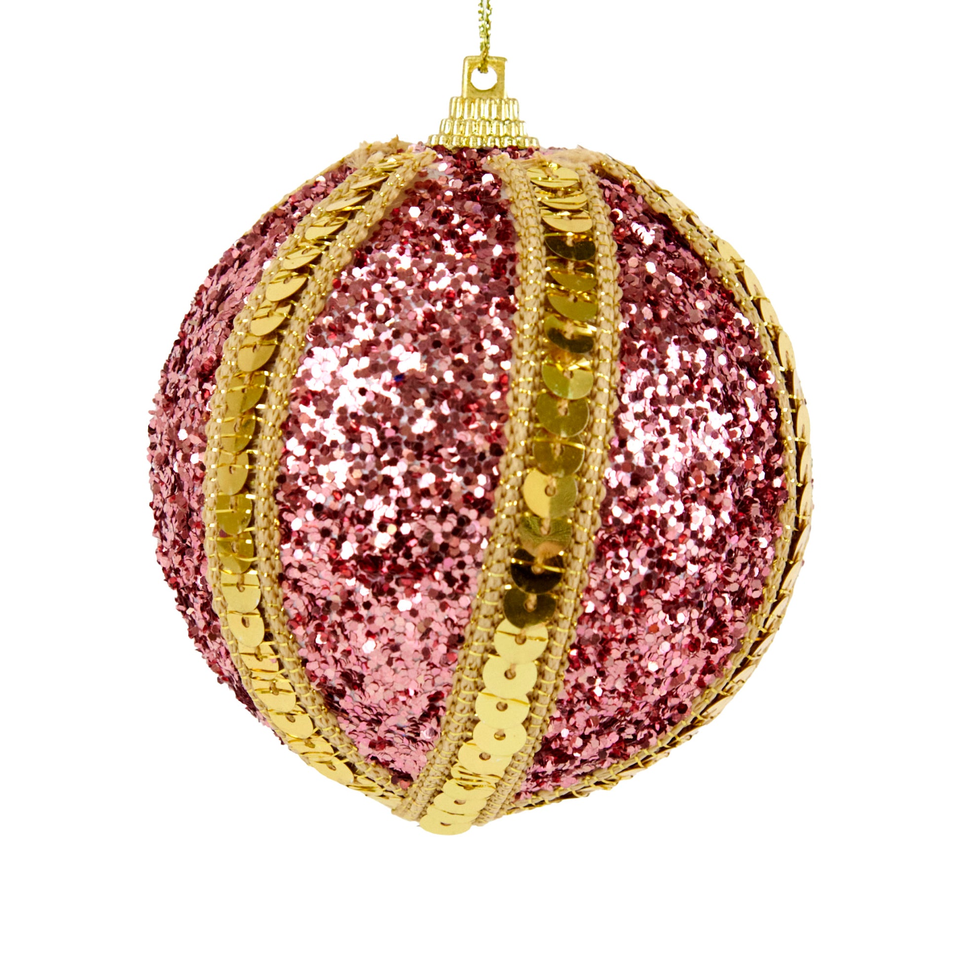Christmas Ball Pink, Gold Sequin String- 8cm