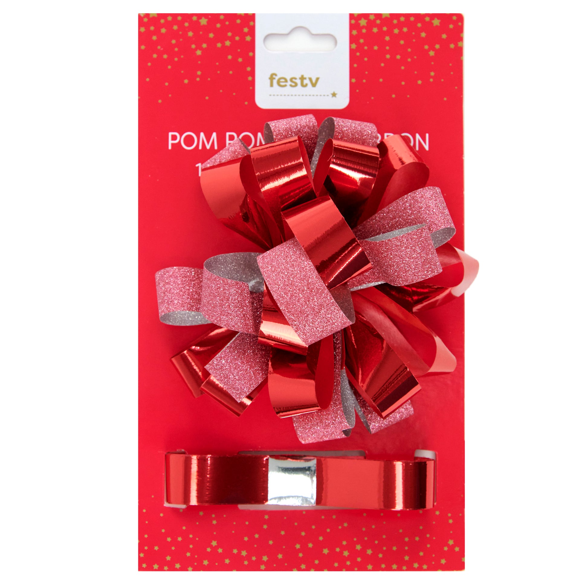 Christmas Pom Pom Bow + Ribbon, Red- 18mmx2m