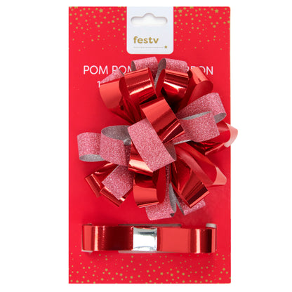 Christmas Pom Pom Bow + Ribbon, Red- 18mmx2m
