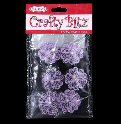 Crafty Bitz Flower with Pearl Stick On, Lilac- 6pk