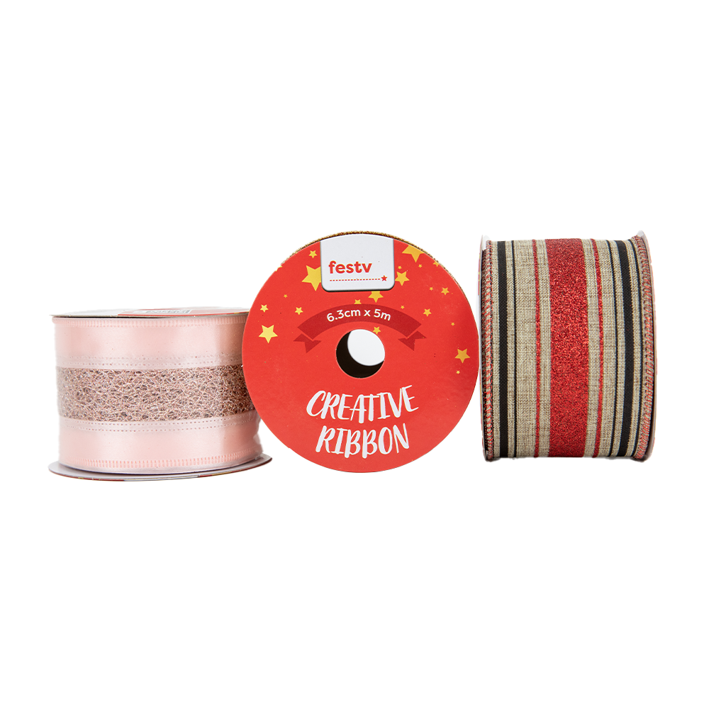 Christmas Ribbon Roll Assorted Designs- 5mx6.3cm