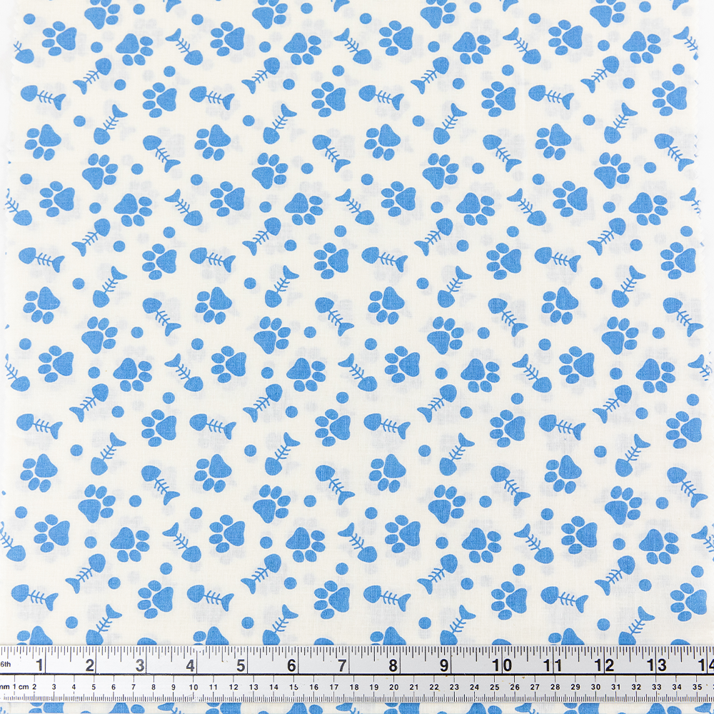 Print Craft & Quilting Fabric, Paw Prints And Fish Bones On Cream- Width 112cm