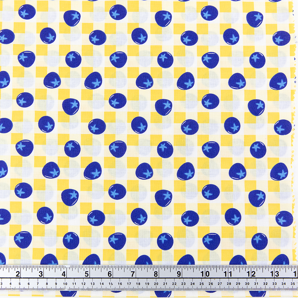 Print Craft & Quilting Fabric, Blueberries On Yellow Gingham- Width 112cm