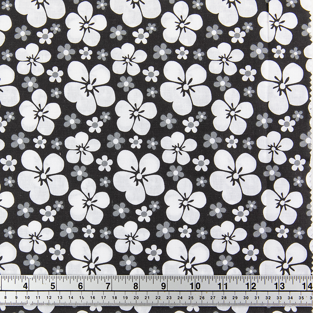 Print Craft & Quilting Fabric, White On Black Large Floral- Width 112cm