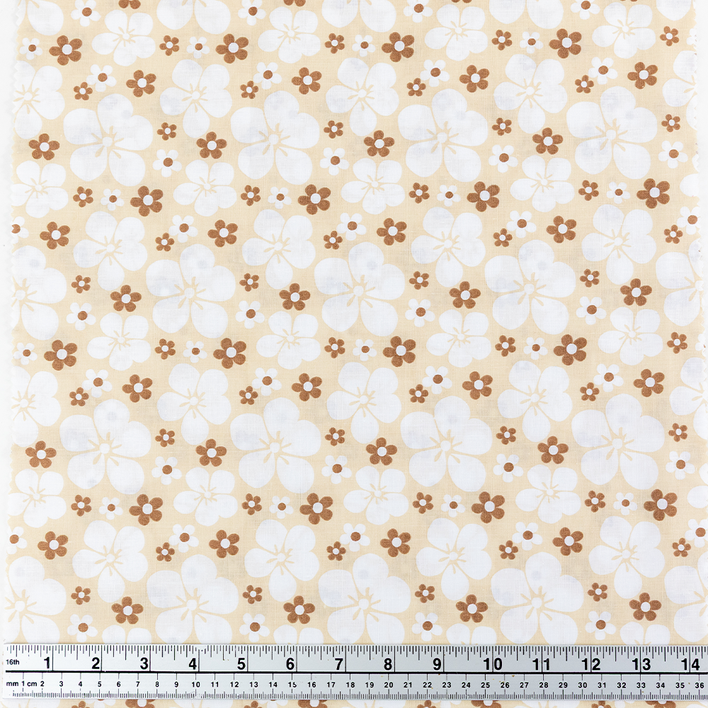 Print Craft & Quilting Fabric, White On Cream Large Floral- Width 112cm