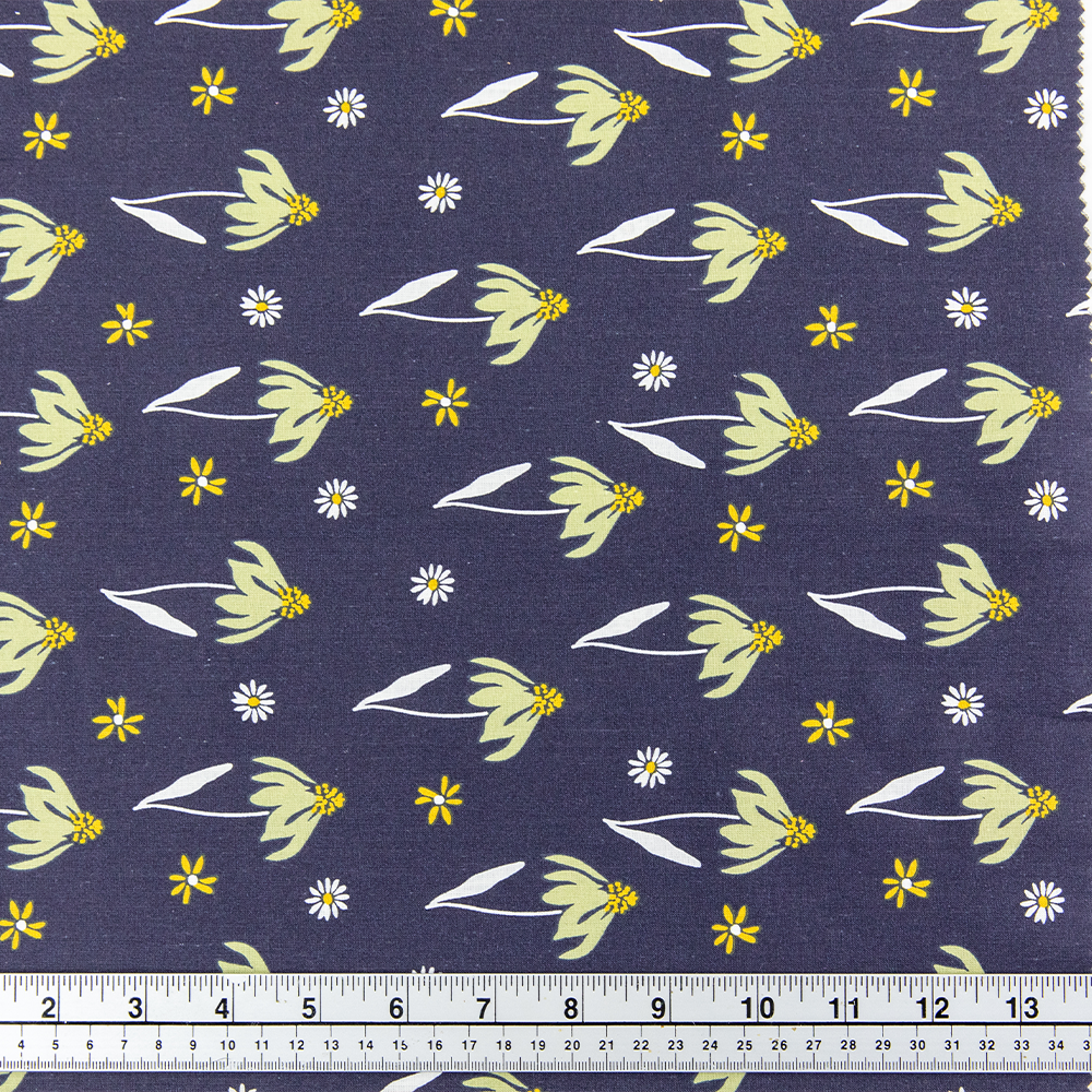 Print Craft & Quilting Fabric, Sage Flowers On Black- Width 112cm