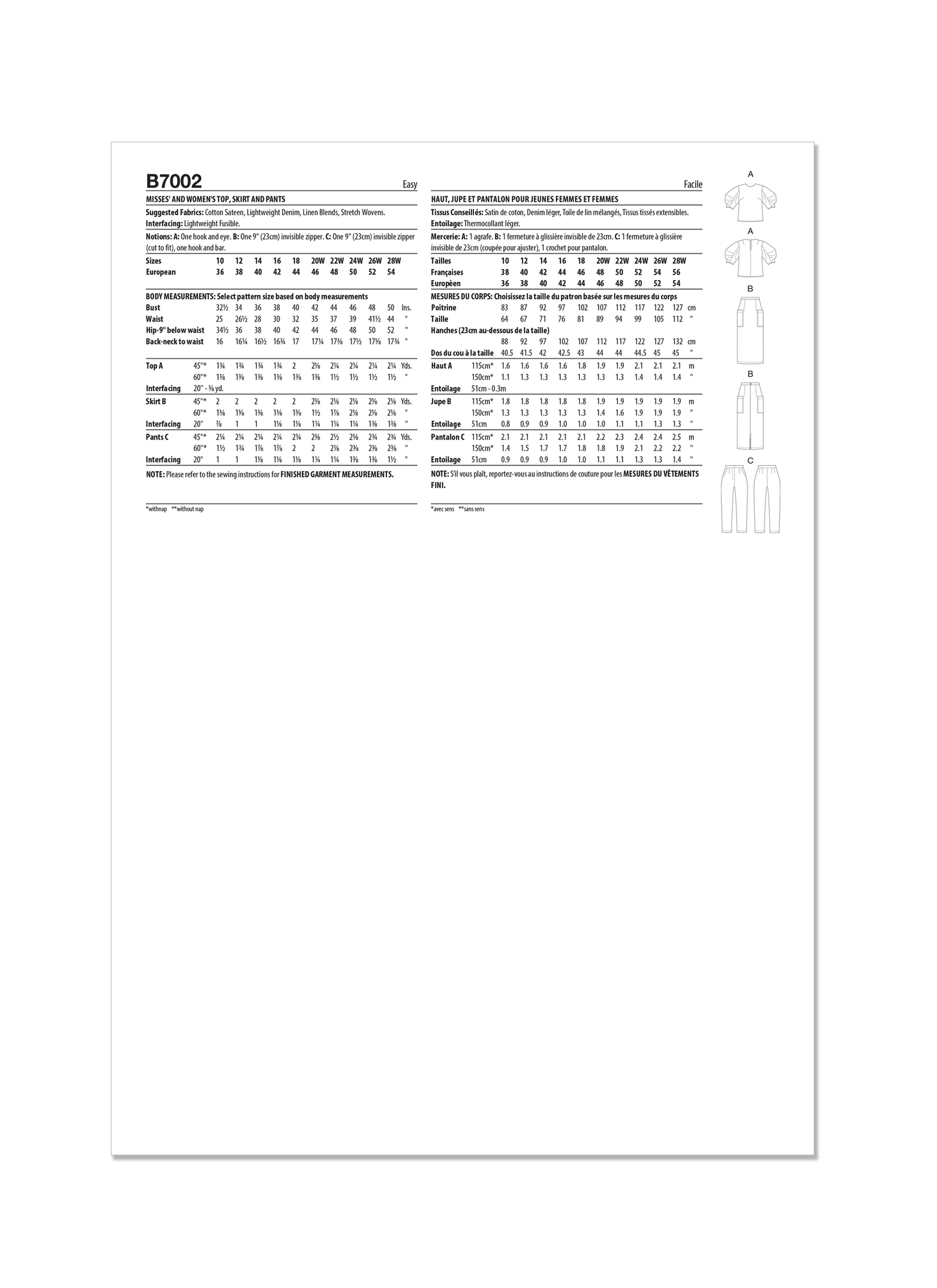 Butterick Pattern B7002 Misses’ and Women's Top, Skirt and Pants