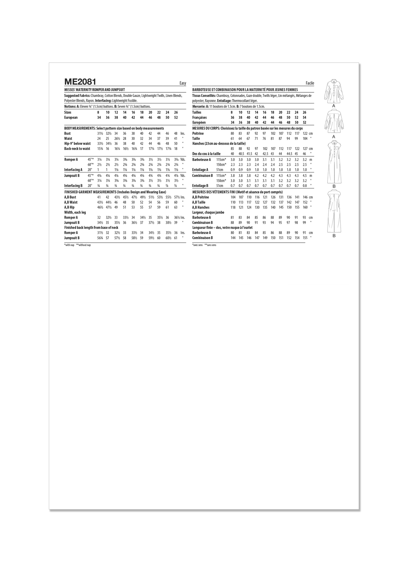 Know Me Pattern Me2081 Misses' Maternity Romper and Jumpsuit