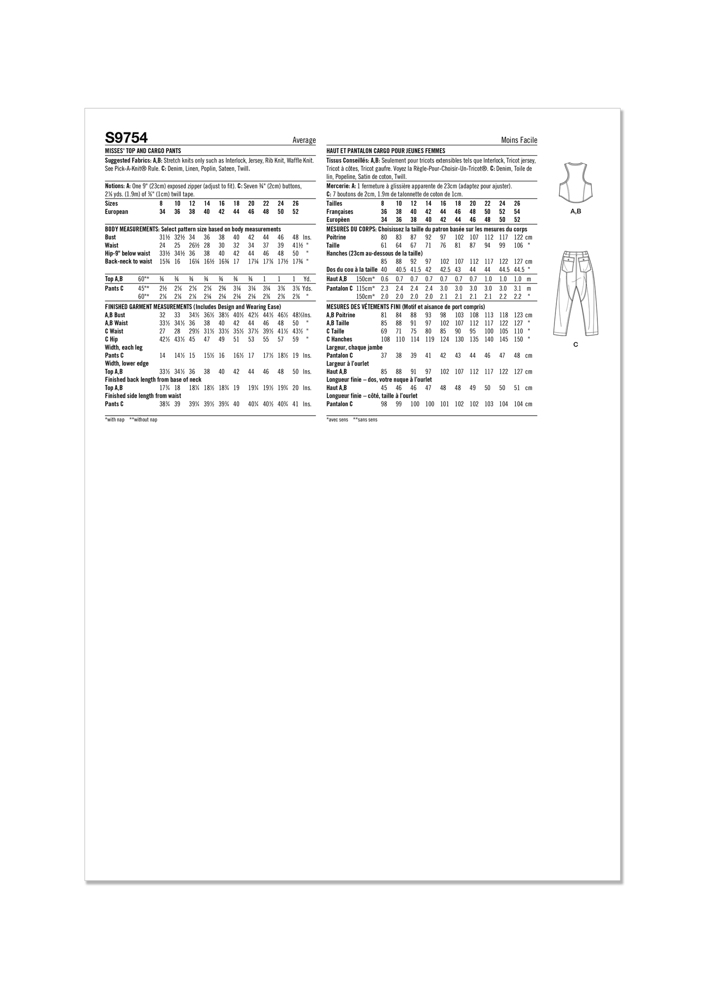 Simplicity Pattern S9754 Misses' Tops and Cargo Pants