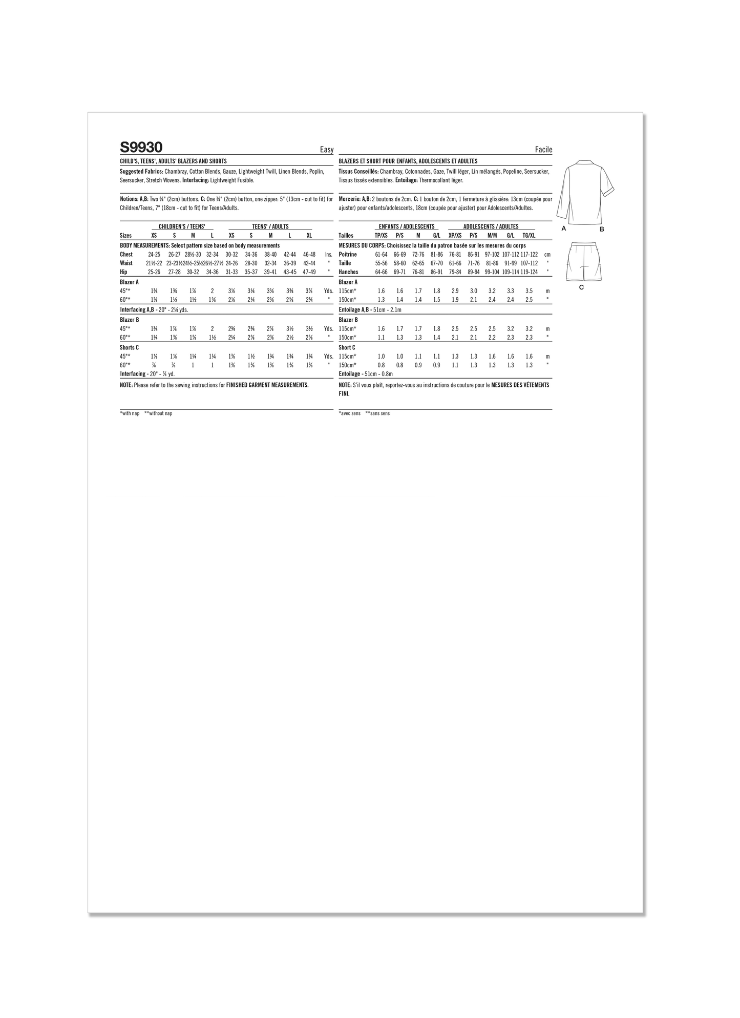 Simplicity Sewing Pattern S9930  Children's, Teens' and Adults' Blazers and Shorts