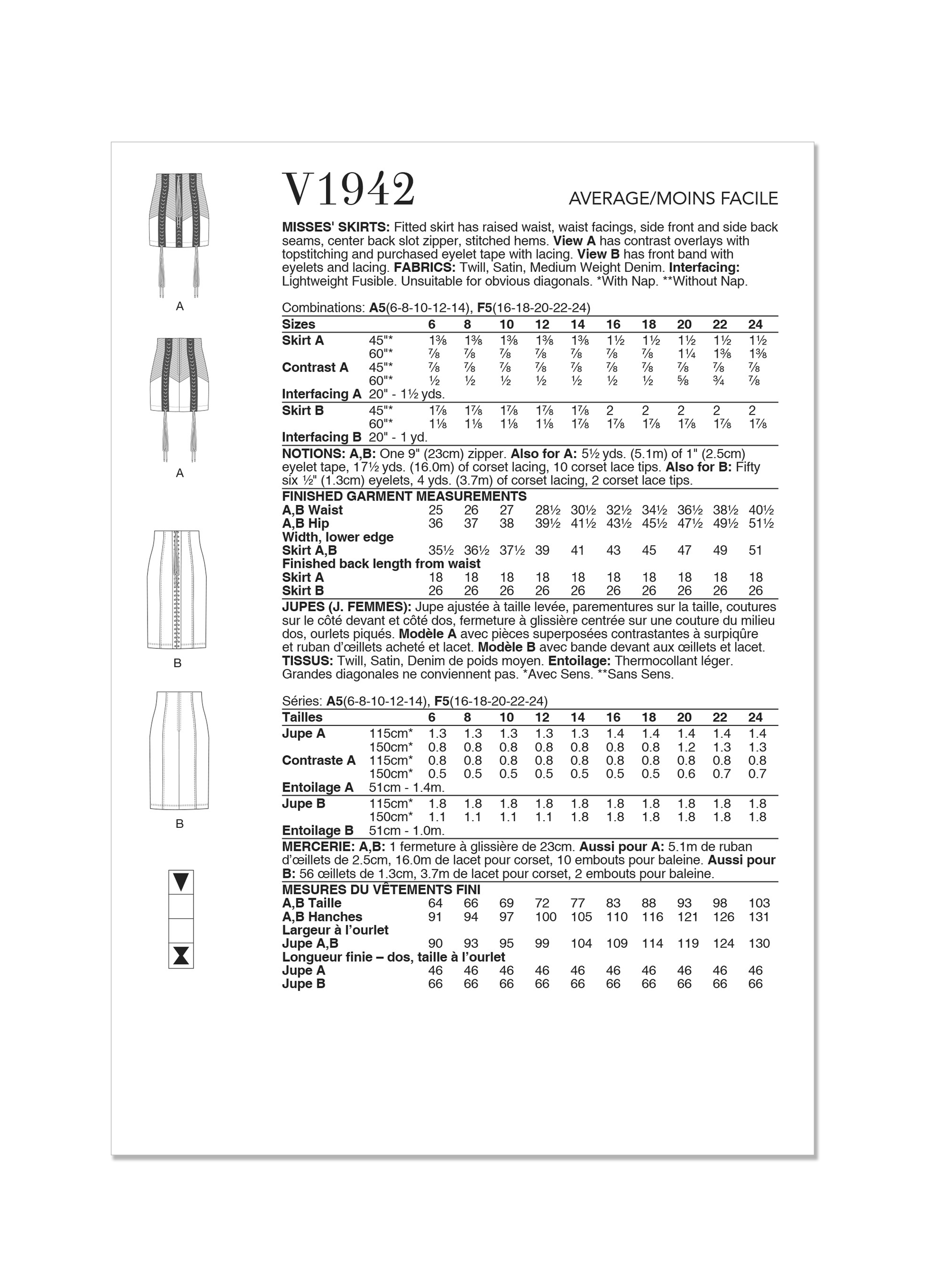 Vogue V1942 Misses Skirt / Pants