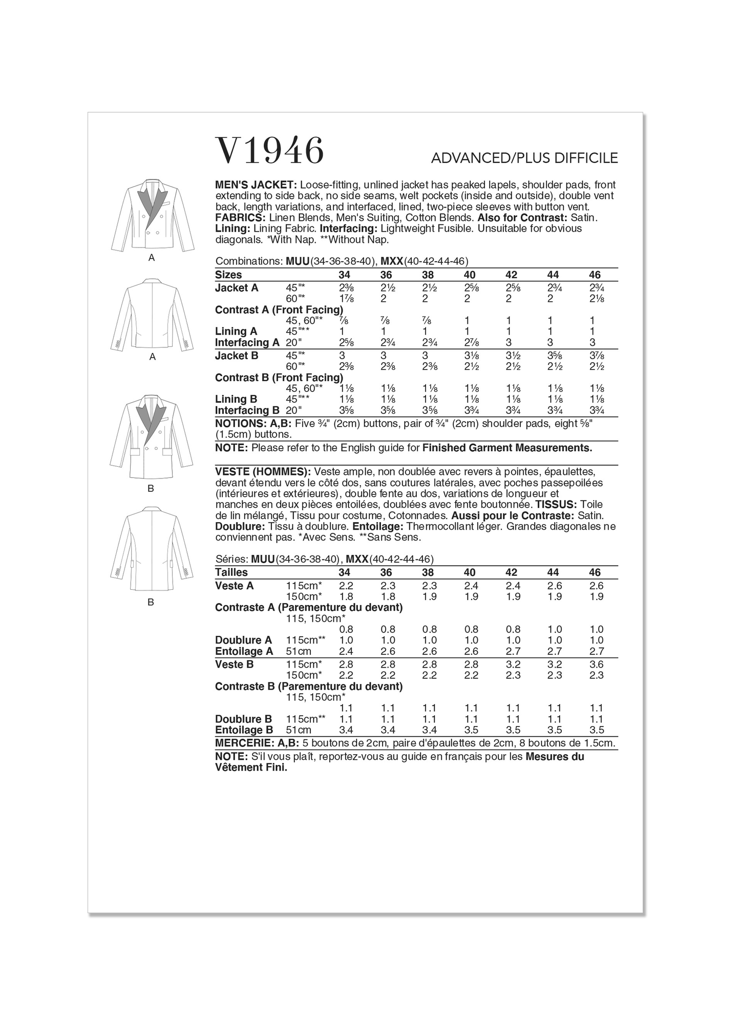 Vogue V1946 Men / Boy Jacket