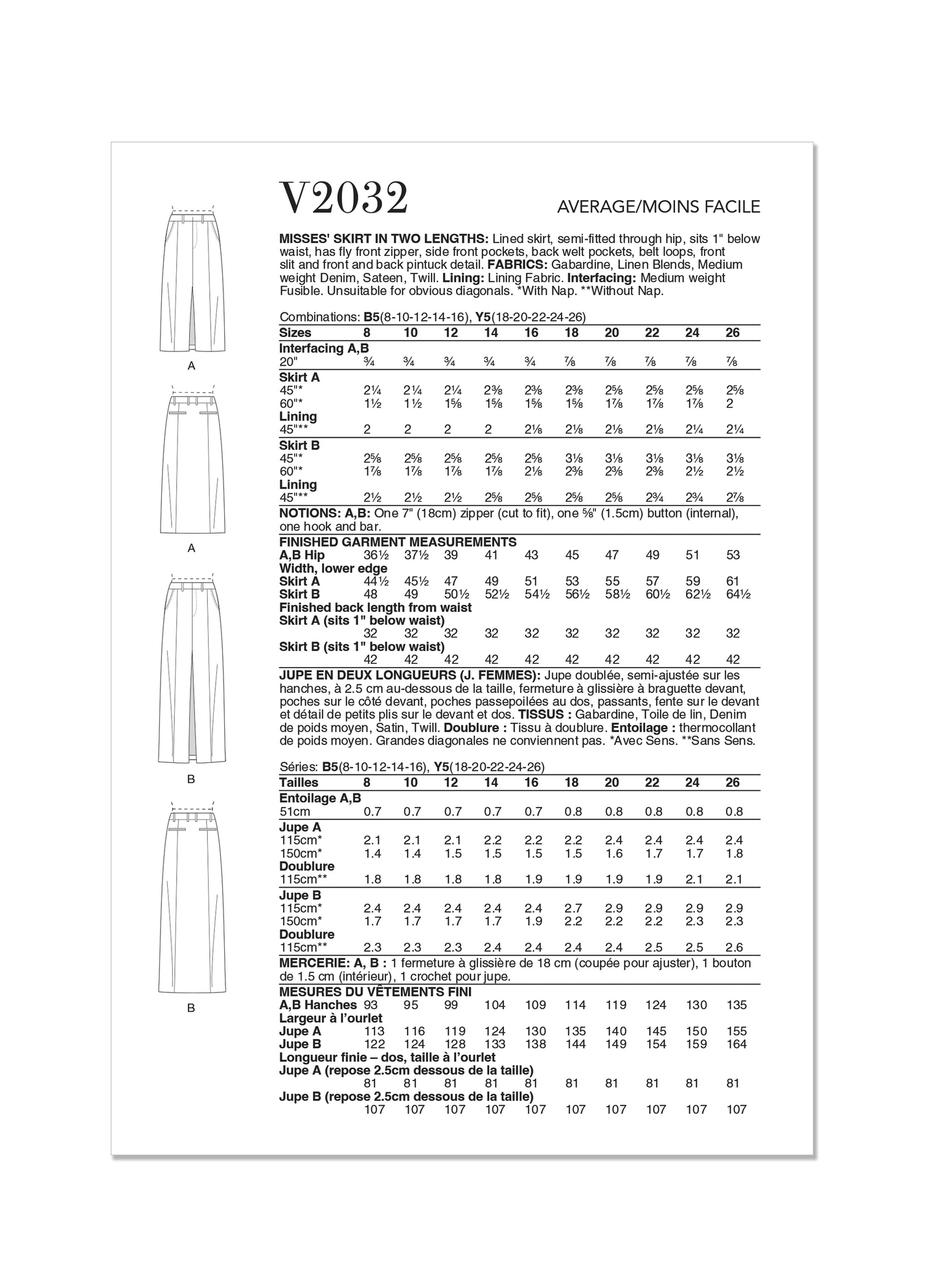 Vogue Pattern V2032 Misses' Skirt Pants