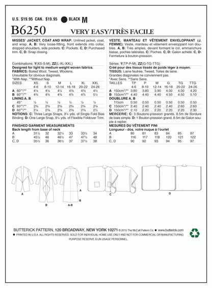Butterick Pattern B6250 Misses Jacket, Coat & Wrap