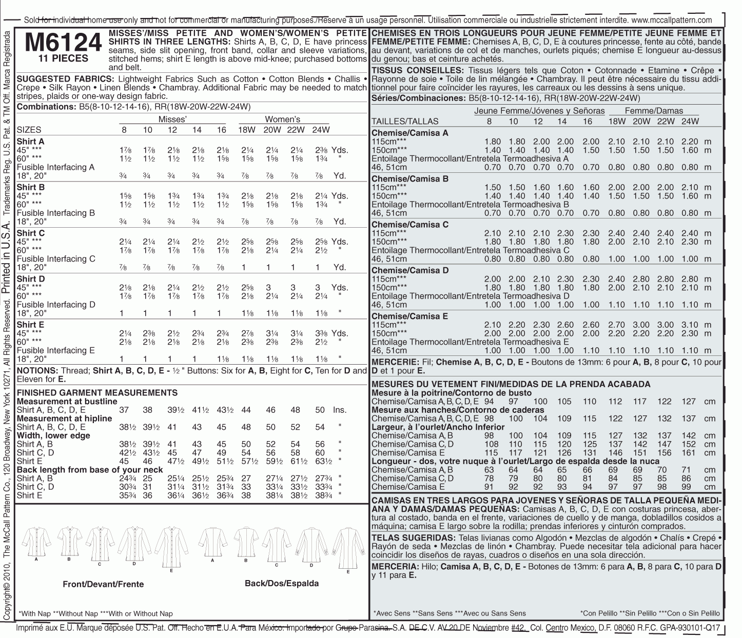 McCall's Pattern  M6124 B5 (8-10-12-14-16)