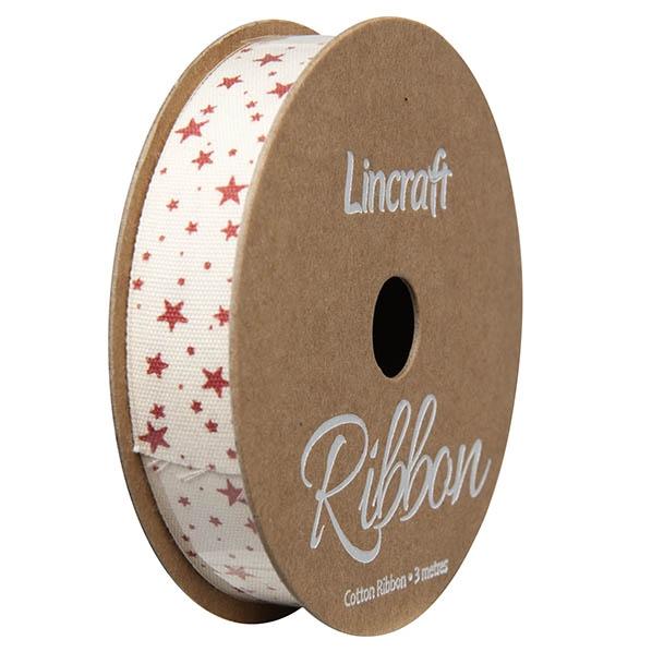 Cotton Ribbon, Crimson Stars- 15mm x 3m