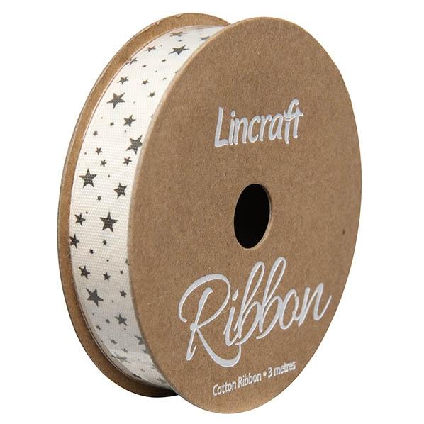 Cotton Ribbon, Black Stars- 15mm x 3m