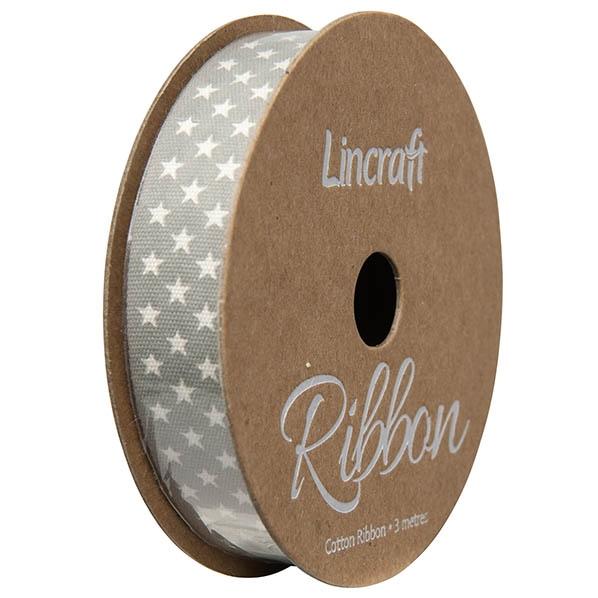 Cotton Ribbon, Stars Silver- 15mm x 3m