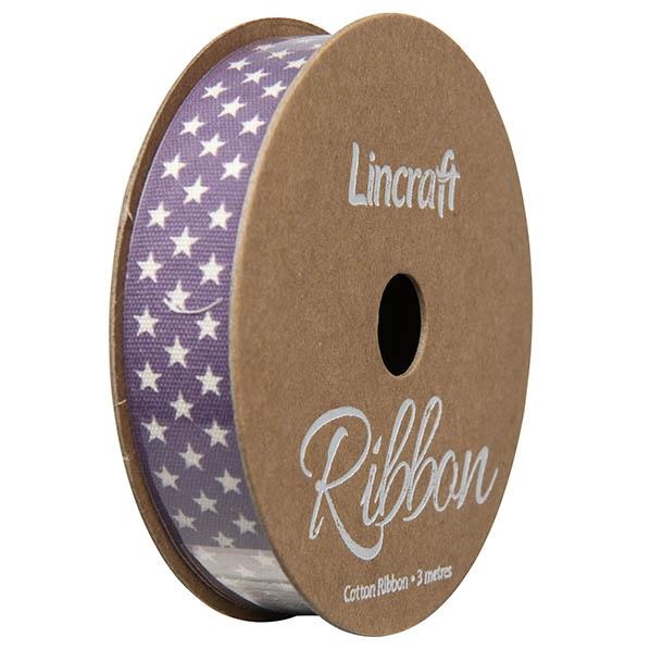 Cotton Ribbon, Stars Mauve- 15mm x 3m