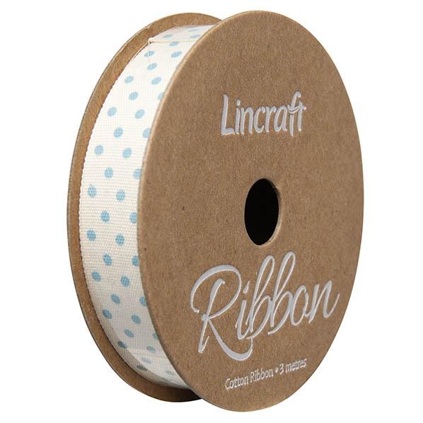 Cotton Ribbon, Dots Baby Blue- 15mm x 3m