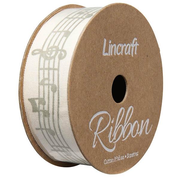 Cotton Ribbon, Notes Silver- 25mm x 3m