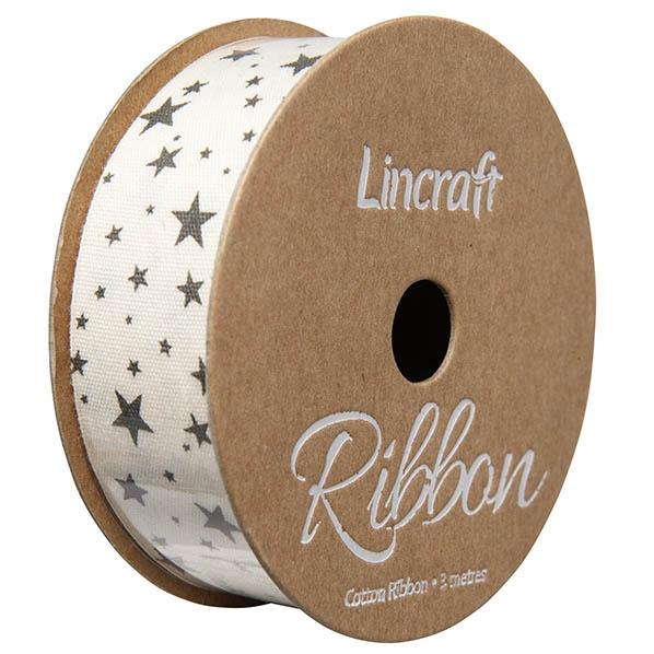 Cotton Ribbon, Black Stars- 25mm x 3m