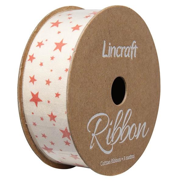 Cotton Ribbon, Burnt Orange Stars- 25mm x 3m