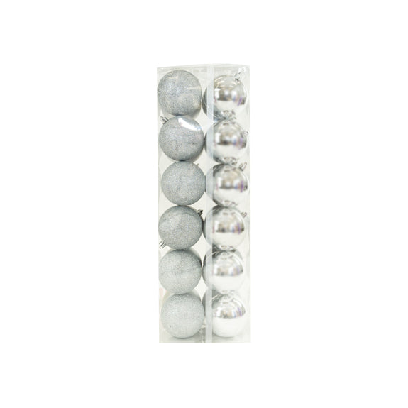 Shiny/Glitter & Matte Bauble Pack, Silver- 80mm