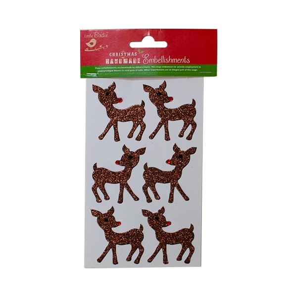 Christmas Self-Adhesive Sticker, Glitter Reindeer- 6pk