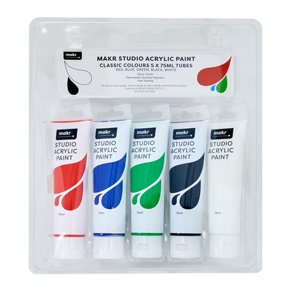 Makr Studio Acrylic Paint Tube Pack, Primary Colours- 5x75ml