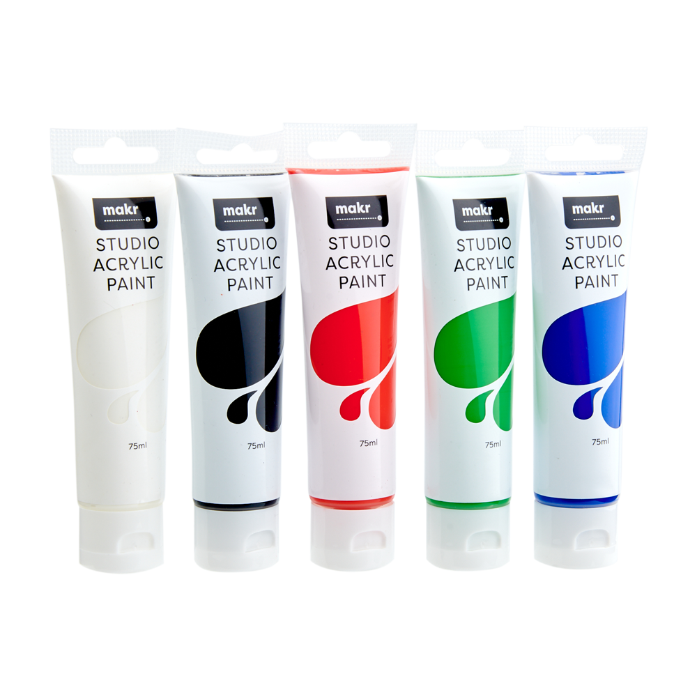 Makr Studio Acrylic Paint Tube Pack, Primary Colours- 5x75ml